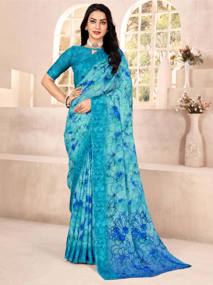 SAREE MALL Women's Chiffon Light Blue Printed Designer Saree With Blouse Piece