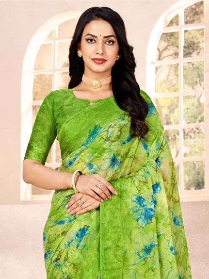 SAREE MALL Women's Chiffon Light Green Printed Designer Saree With Blouse Piece