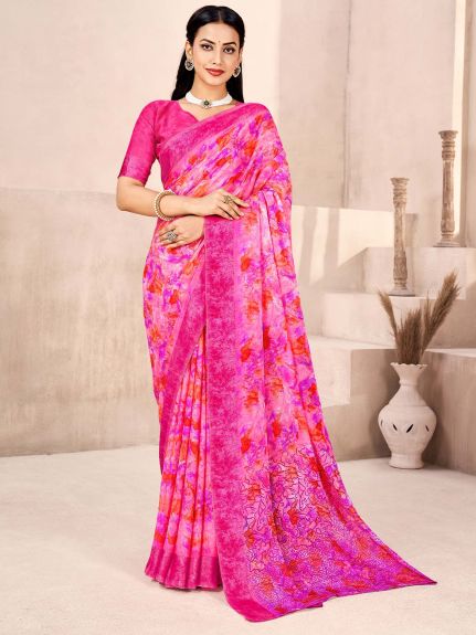 SAREE MALL Women's Chiffon Pink Printed Designer Saree With Blouse Piece