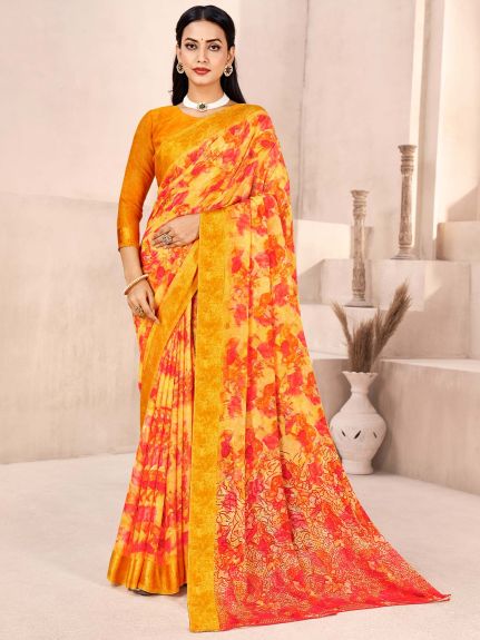 SAREE MALL Women's Chiffon Yellow Printed Designer Saree With Blouse Piece