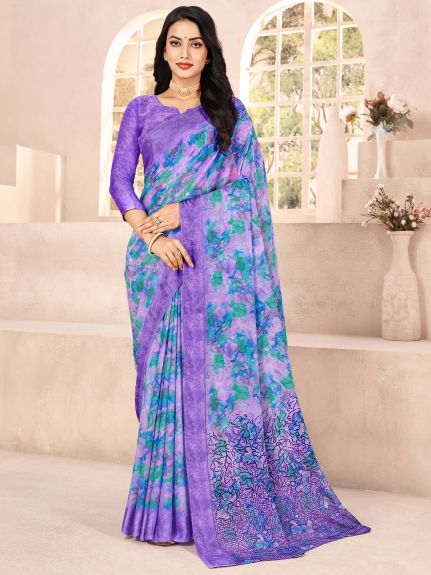 SAREE MALL Women's Chiffon Lavendar Printed Designer Saree With Blouse Piece