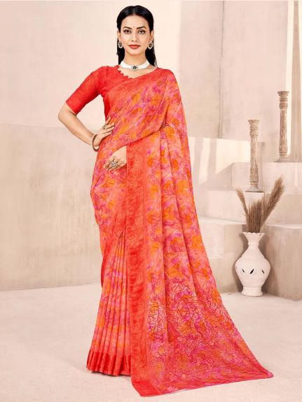 SAREE MALL Women's Chiffon Orange Printed Designer Saree With Blouse Piece
