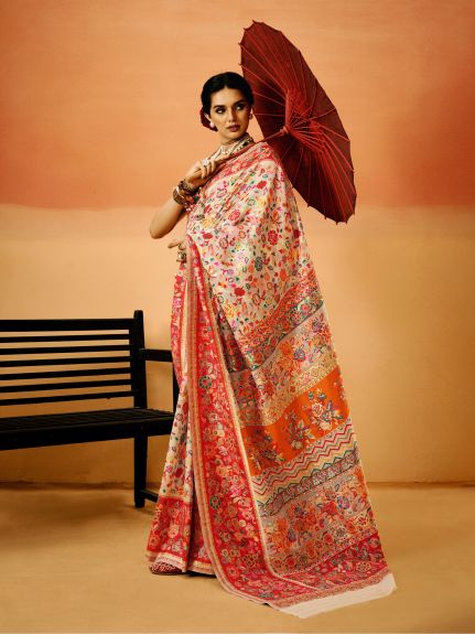 SAREE MALL Women's Cotton Silk Cream Woven Design Designer Saree With Blouse Piece