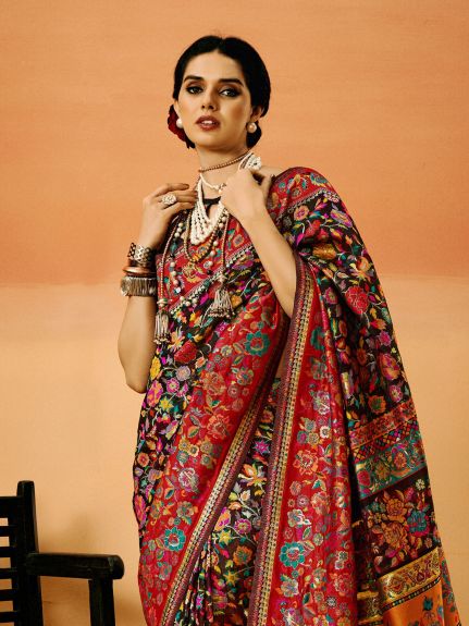 SAREE MALL Women's Cotton Silk Black Woven Design Designer Saree With Blouse Piece