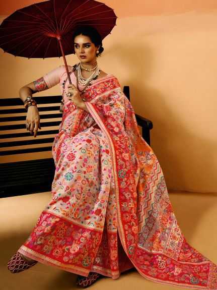 SAREE MALL Women's Cotton Silk Pink Woven Design Designer Saree With Blouse Piece