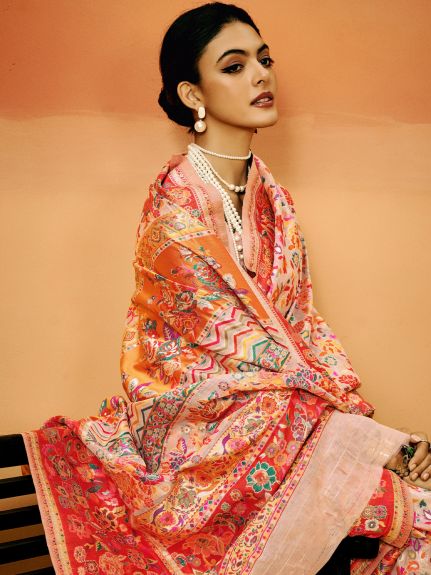 SAREE MALL Women's Cotton Silk Peach Woven Design Designer Saree With Blouse Piece