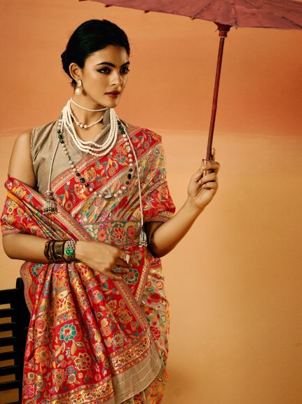 SAREE MALL Women's Cotton Silk Beige Woven Design Designer Saree With Blouse Piece