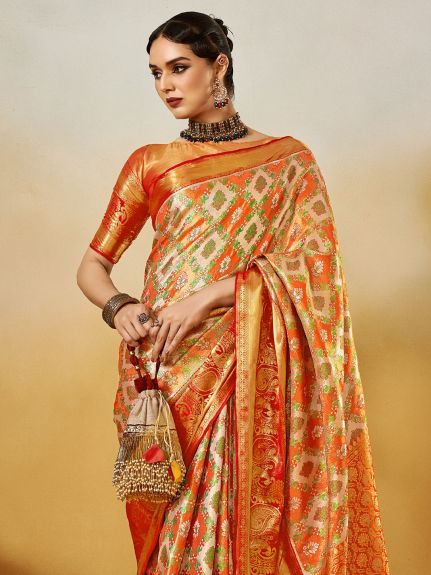 SAREE MALL Women's Silk Blend Orange Woven Design Designer Saree With Blouse Piece