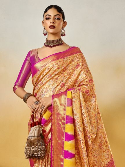 SAREE MALL Women's Silk Blend Beige Woven Design Designer Saree With Blouse Piece