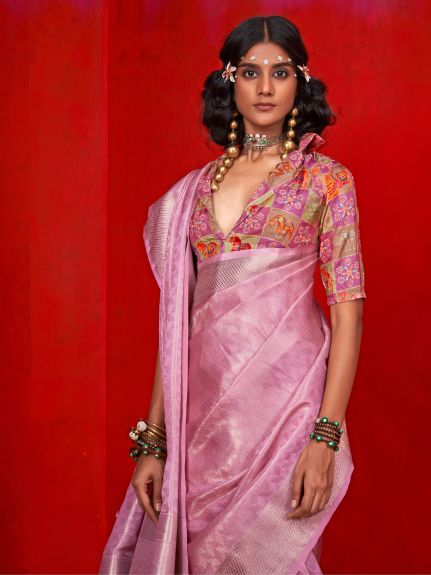 SAREE MALL Women's Tissue Mauve Woven Design Designer Saree With Blouse Piece