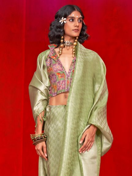 SAREE MALL Women's Tissue Light Green Woven Design Designer Saree With Blouse Piece