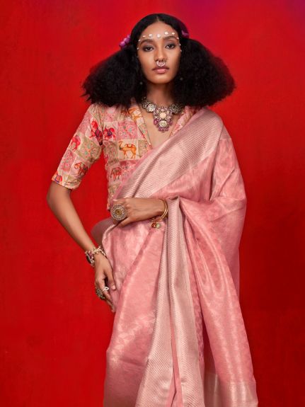 SAREE MALL Women's Tissue Peach Woven Design Designer Saree With Blouse Piece