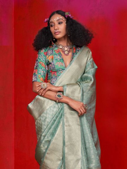 SAREE MALL Women's Tissue Sea Green Woven Design Designer Saree With Blouse Piece
