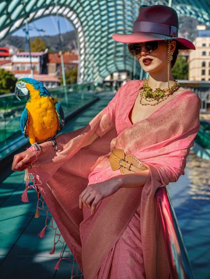 SAREE MALL Women's Silk Blend Pink Woven Design Designer Saree With Blouse Piece