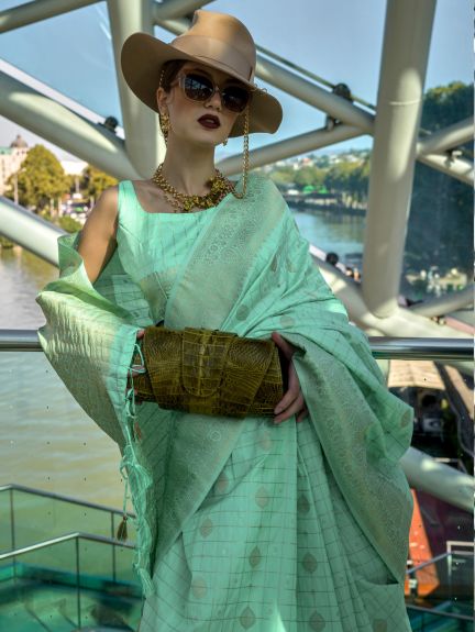 SAREE MALL Women's Silk Blend Sea Green Woven Design Designer Saree With Blouse Piece