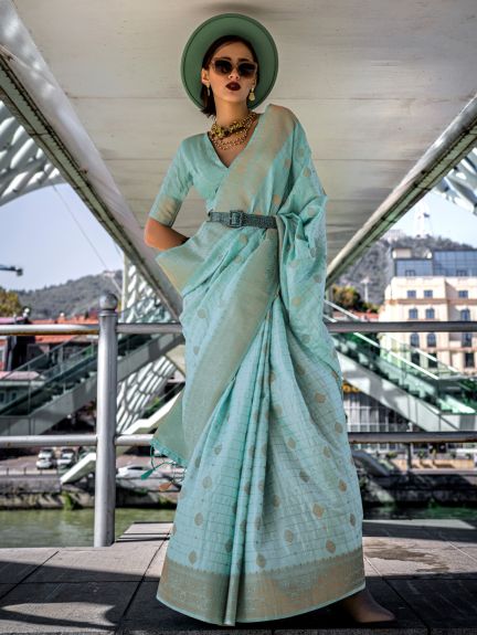SAREE MALL Women's Silk Blend Light Blue Woven Design Designer Saree With Blouse Piece