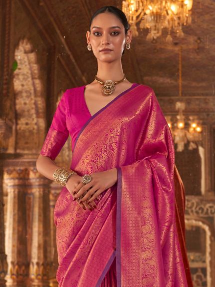 SAREE MALL Women's Silk Blend Pink Woven Design Designer Saree With Blouse Piece