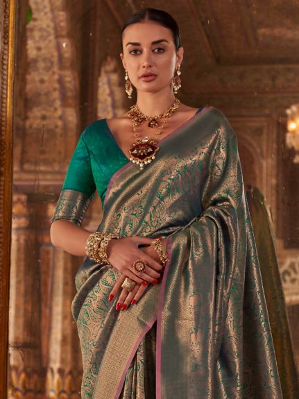 SAREE MALL Women's Silk Blend Teal green Woven Design Designer Saree With Blouse Piece