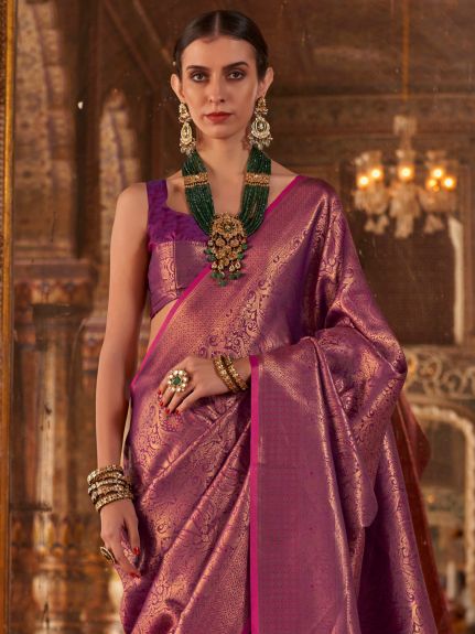 SAREE MALL Women's Silk Blend Magenta Woven Design Designer Saree With Blouse Piece