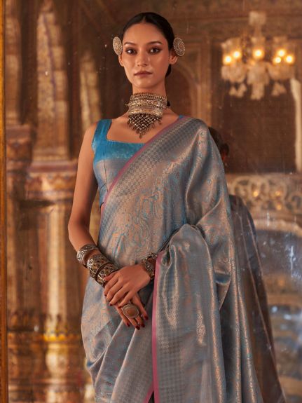 SAREE MALL Women's Silk Blend Light Blue Woven Design Designer Saree With Blouse Piece