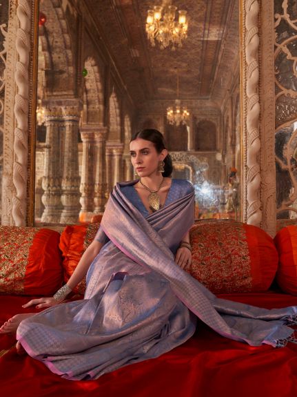 SAREE MALL Women's Silk Blend Lavendar Woven Design Designer Saree With Blouse Piece