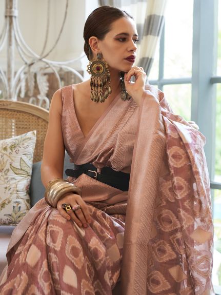SAREEMALL Women's Tissue Peach WovenDesign DesignerSaree With Blouse Piece