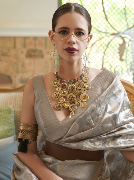 SAREEMALL Women's Tissue Grey WovenDesign DesignerSaree With Blouse Piece