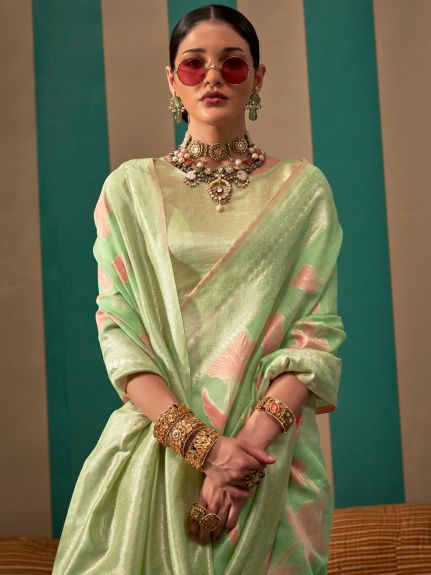 SAREE MALL Women's Linen Light Green Woven Design Designer Saree With Blouse Piece
