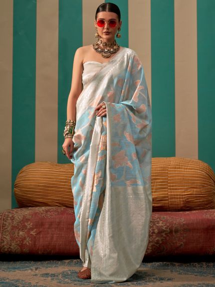 SAREE MALL Women's Linen Light Blue Woven Design Designer Saree With Blouse Piece