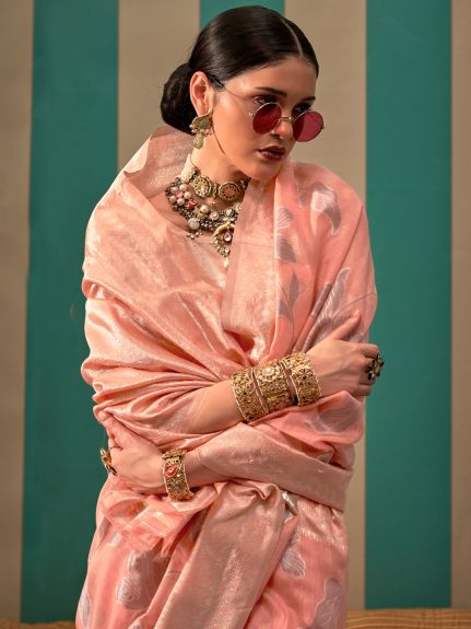 SAREE MALL Women's Linen Peach Woven Design Designer Saree With Blouse Piece