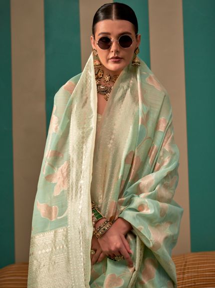 SAREE MALL Women's Linen Sea Green Woven Design Designer Saree With Blouse Piece