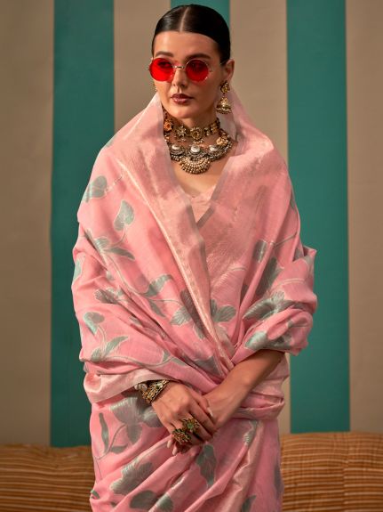 SAREE MALL Women's Linen Pink Woven Design Designer Saree With Blouse Piece