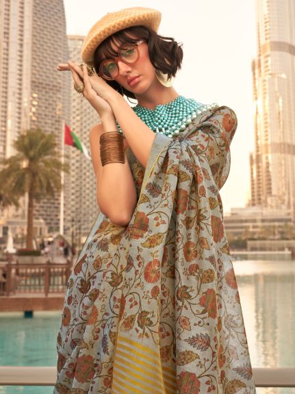 SAREE MALL Women's Tissue Grey Printed Designer Saree With Blouse Piece