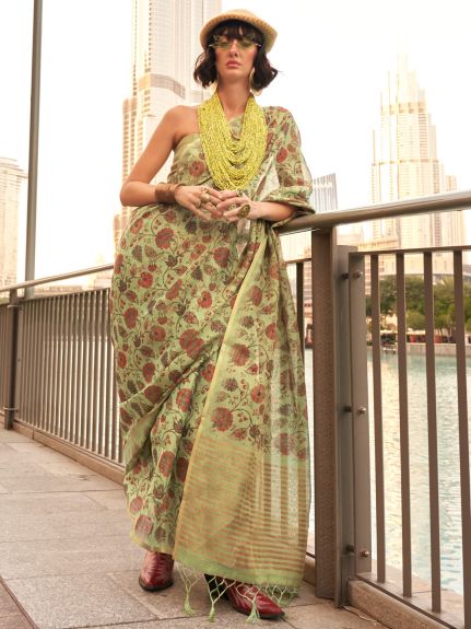SAREE MALL Women's Tissue Light Green Printed Designer Saree With Blouse Piece