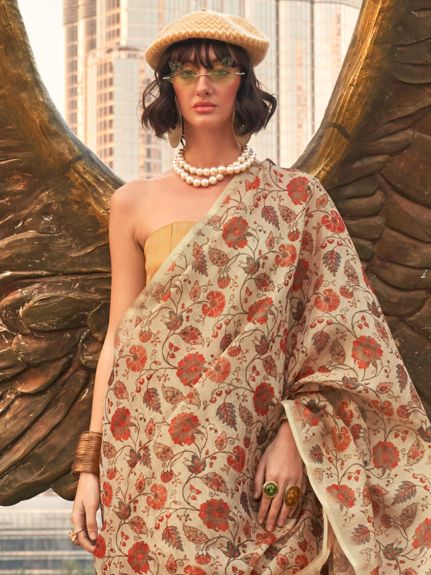 SAREE MALL Women's Tissue Cream Printed Designer Saree With Blouse Piece