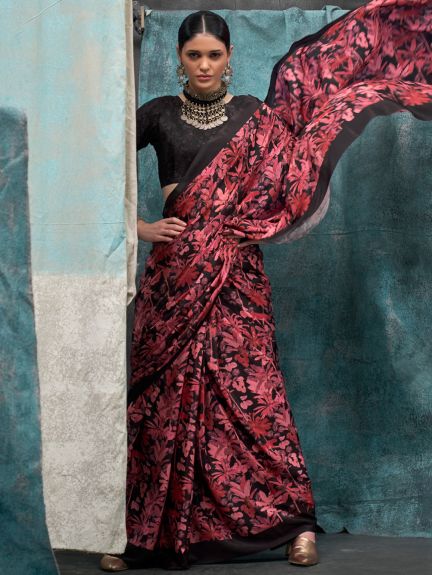 SAREE MALL Women's Crepe Black Printed Designer Saree With Blouse Piece