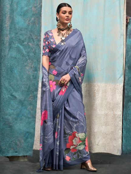 SAREE MALL Women's Crepe Metallic Printed Designer Saree With Blouse Piece