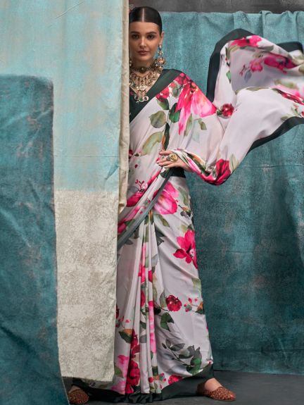 SAREE MALL Women's Crepe Off White Printed Designer Saree With Blouse Piece