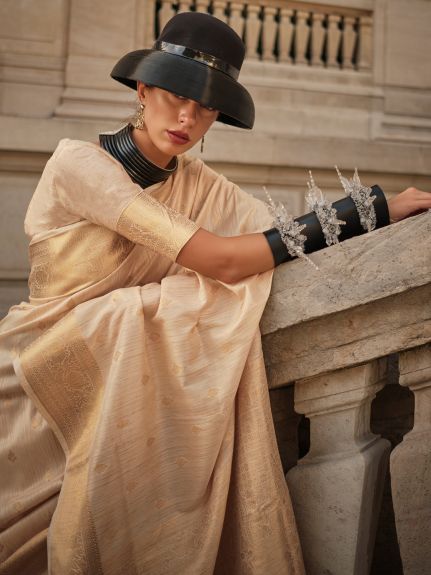 SAREEMALL Women's Silk Blend cream WovenDesign DesignerSaree With Blouse Piece