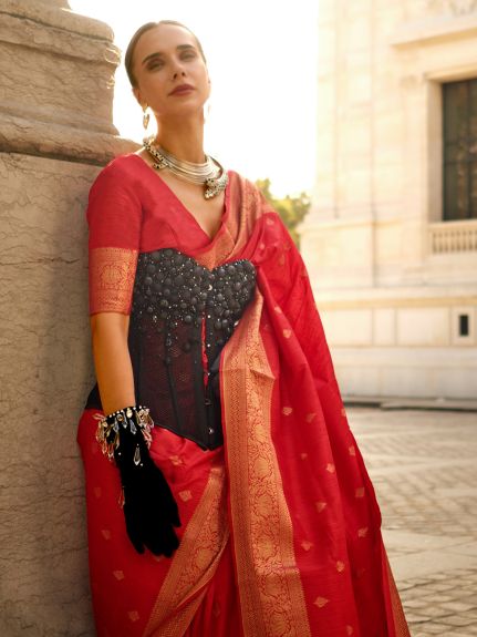 SAREEMALL Women's Silk Blend Red WovenDesign DesignerSaree With Blouse Piece