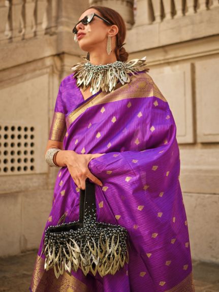 SAREEMALL Women's Silk Blend Purple WovenDesign DesignerSaree With Blouse Piece