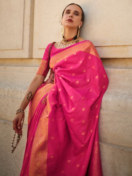 SAREEMALL Women's Silk Blend Pink WovenDesign DesignerSaree With Blouse Piece