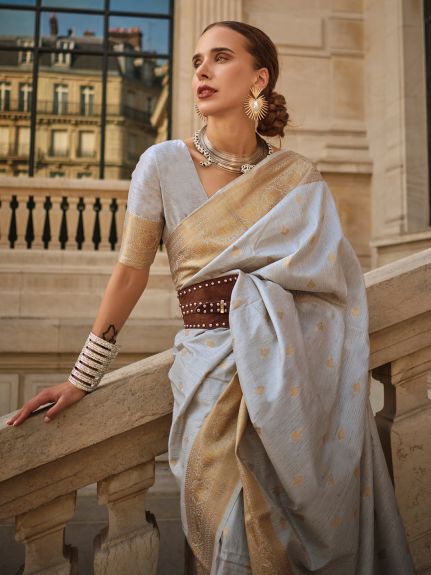 SAREEMALL Women's Silk Blend Grey WovenDesign DesignerSaree With Blouse Piece