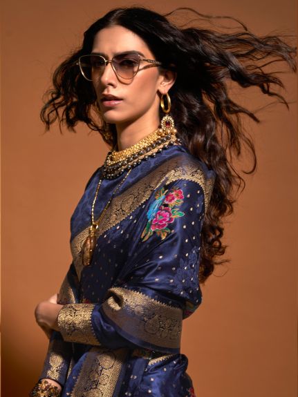 SAREE MALL Women's Satin Silk Navy Blue Woven Design Designer Saree With Blouse Piece