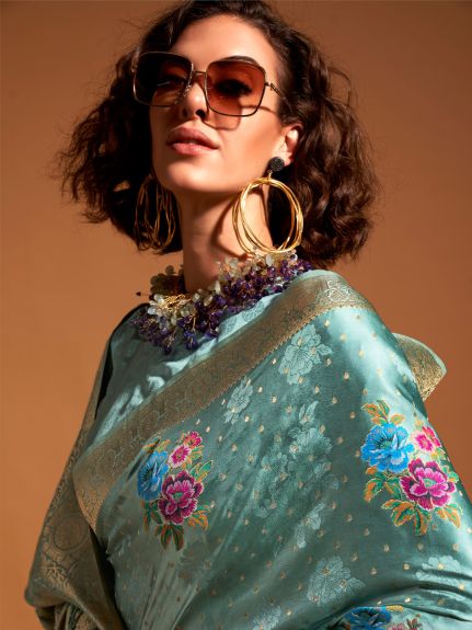 SAREE MALL Women's Satin Silk Light Blue Woven Design Designer Saree With Blouse Piece