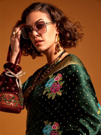 SAREE MALL Women's Satin Silk Dark Green Woven Design Designer Saree With Blouse Piece