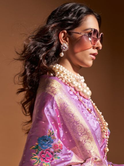 SAREE MALL Women's Satin Silk Mauve Woven Design Designer Saree With Blouse Piece