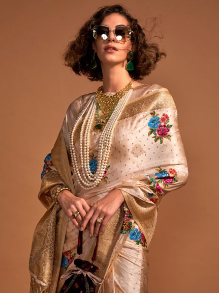 SAREE MALL Women's Satin Silk Cream Woven Design Designer Saree With Blouse Piece
