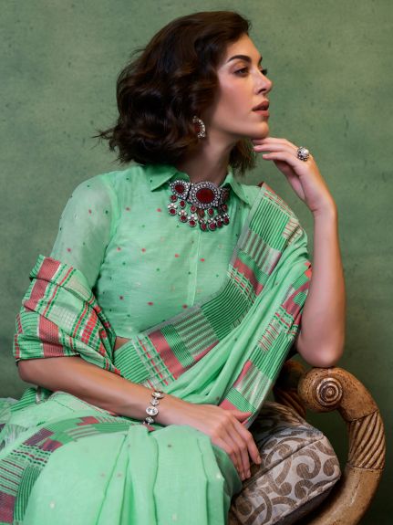 SAREE MALL Women's Silk Blend Sea Green Woven Design Designer Saree With Blouse Piece