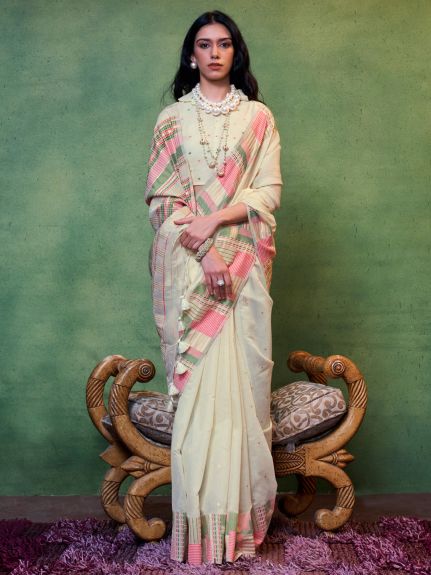 SAREE MALL Women's Silk Blend Cream Woven Design Designer Saree With Blouse Piece